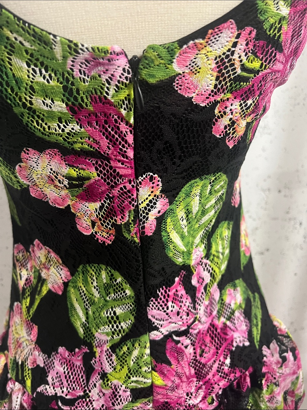 Kensie Black Lace Dress with Pink Floral & Green Leaf Print - Picture 5 of 7